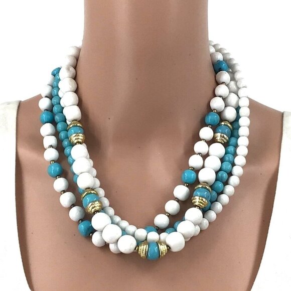 Chunky Torsade Necklace Blue White Beaded Multi Strand 20 Inch Length - Picture 1 of 3